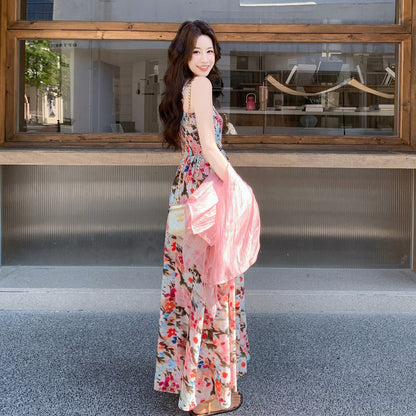 2点セット！【セットアップ】大人可愛い 花柄キャミワンピース レディース シアーカーディガン セット ふんわり素材 リゾート風 夏コーデ【SHシリーズ】