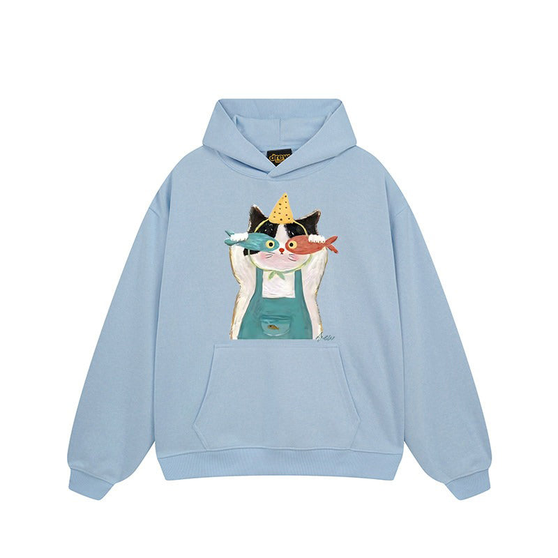 【トップス】🐱アメリカンストリート猫プリントパーカー ユニセックス コットン オーバーサイズ 秋冬コーデ【FCシリーズ】