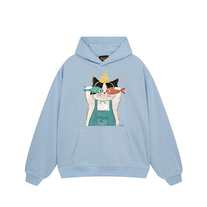 【トップス】🐱アメリカンストリート猫プリントパーカー ユニセックス コットン オーバーサイズ 秋冬コーデ【FCシリーズ】