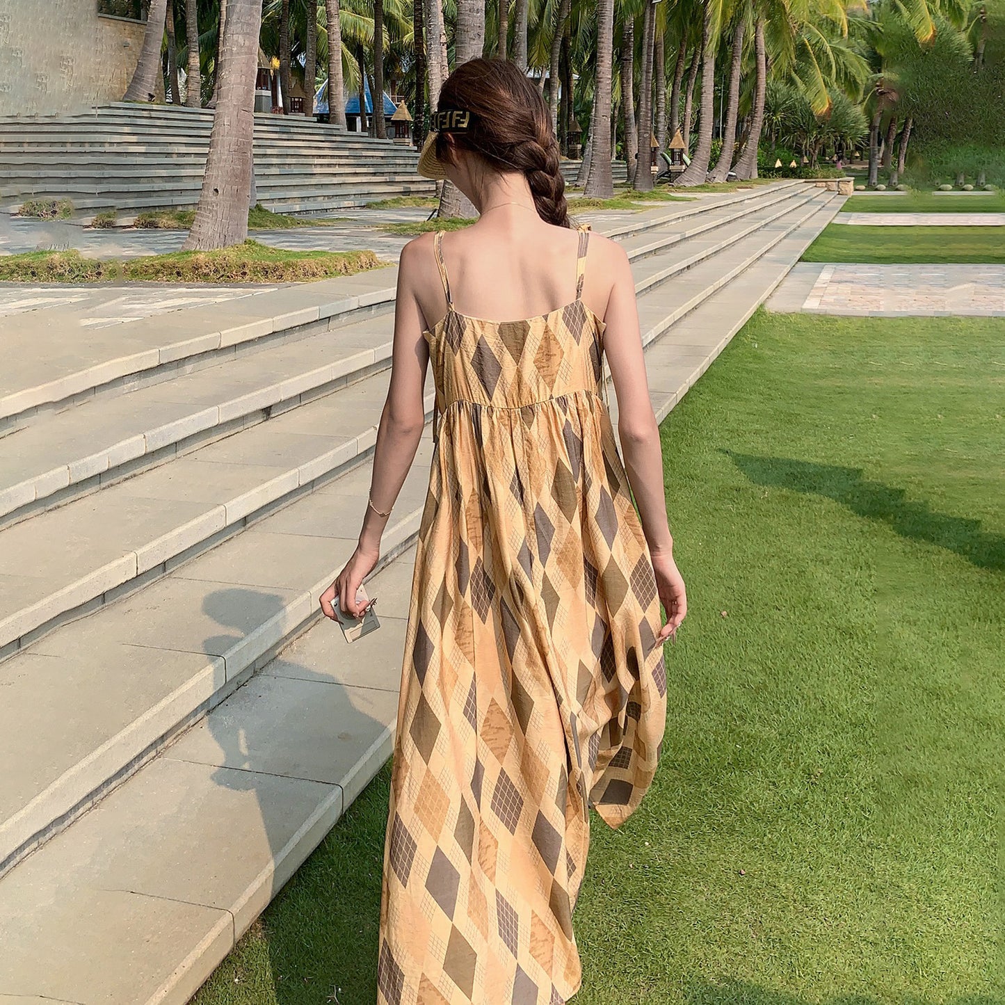 【ワンピース】夏  ビーチリゾート風  ダイヤモンドチェック ノースリーブキャミソールワンピース【SHシリーズ】