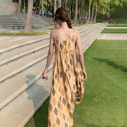 【ワンピース】夏  ビーチリゾート風  ダイヤモンドチェック ノースリーブキャミソールワンピース【SHシリーズ】