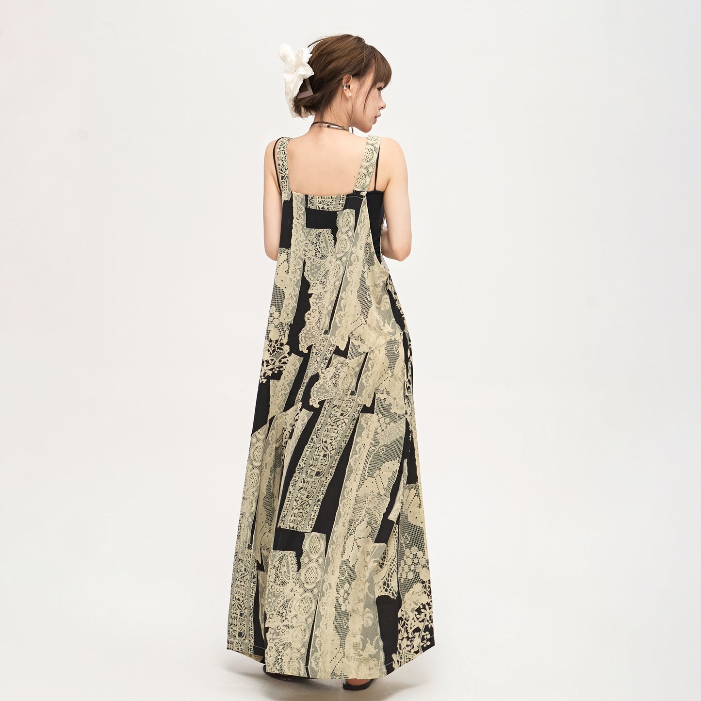 【ボトムス】ゆったりラフ感 オーバーサイズ サロペット 夏新作 アート水墨プリント ワイドパンツオールインワン【SHシリーズ】