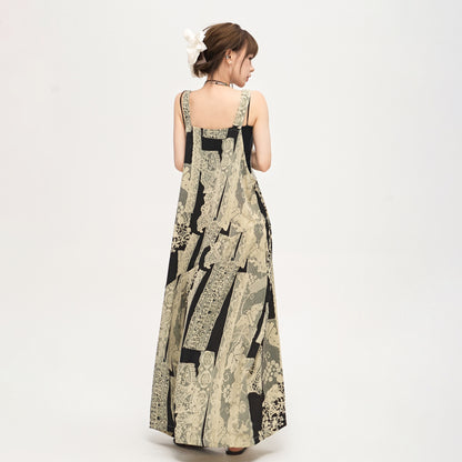 【ボトムス】ゆったりラフ感 オーバーサイズ サロペット 夏新作 アート水墨プリント ワイドパンツオールインワン【SHシリーズ】