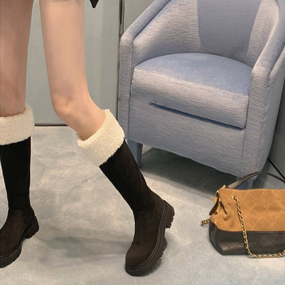 【シューズ】秋冬 新作 厚底 裏起毛 バックジップ ロングブーツ 太ヒール スエード調 【25~30日発送】