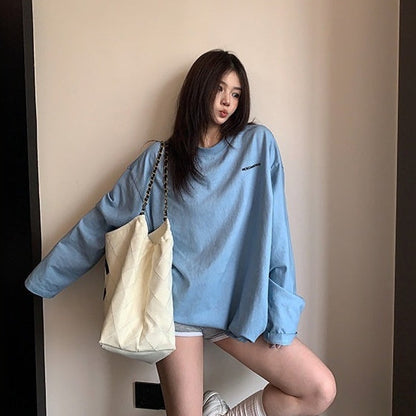 【トップス】ウォッシュ加工 刺繍 リラックス クルーネック 長袖Tシャツ 【FCシリーズ】