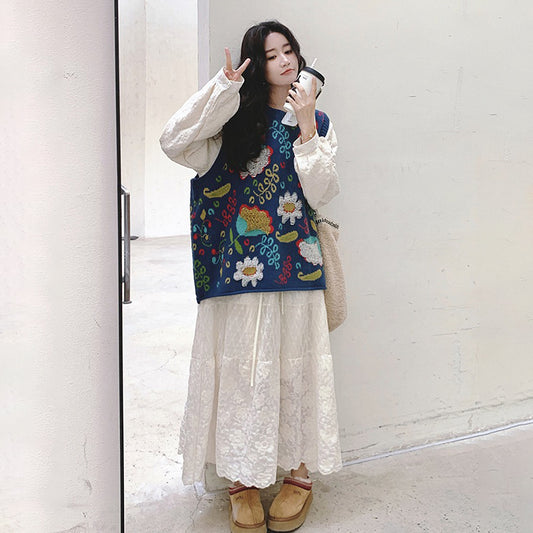 2点セット！【セットアップ】ニットベスト+ワンピース セット レディース 春秋 大人気 レースジャカード ロングワンピース【SHシリーズ】