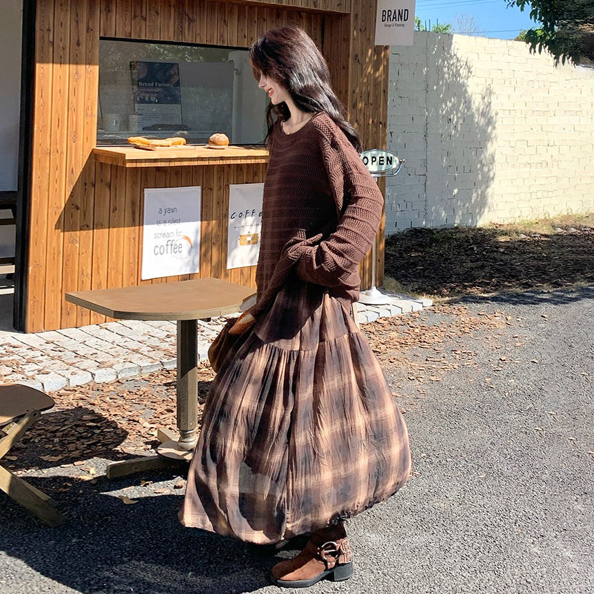 2点セット！【セットアップ】マラード風ゆる感ニット透かし編みカーディガン×チェック柄ノースリーブワンピースセット【SHシリーズ】