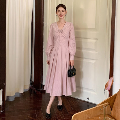 【ワンピース】春 秋 セーラーカラー ストライプ デザイン感 ロング丈 長袖 ワンピース 【JZシリーズ】