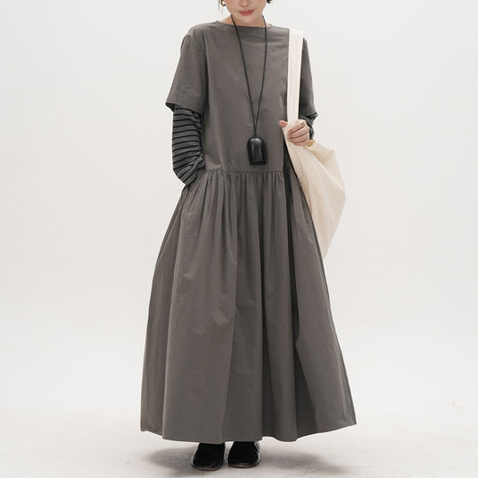 【ワンピース】春 秋 冬 レイヤード風 ローウエスト Tシャツ袖 ロングワンピース 【JZシリーズ】