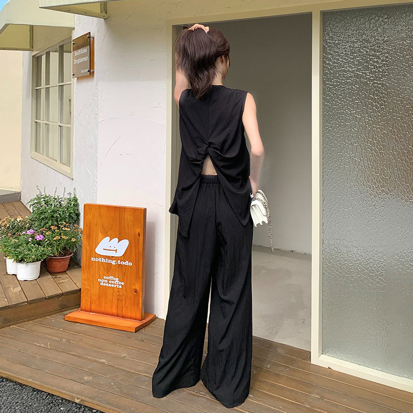 2点セット！【セットアップ】通勤＆デイリー兼用 バックレスデザイン ジレ＋ワイドパンツ 上下セット【JZシリーズ】【SNシリーズ】