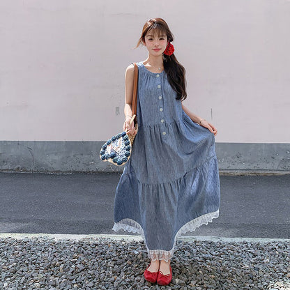 【ワンピース】ユニーク 優しげ 可愛い レース 切り替え ノースリーブ キャミソール ワンピース レディース 夏 フレンチ 気質 若見え マキシ丈【JZシリーズ】