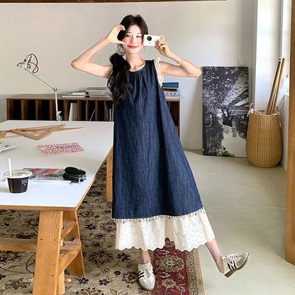 【ワンピース】夏新作 韓国風 ヴィンテージ風 スリム見え レーストリム ノースリーブ 切り替え デザイン ベストワンピース【JZシリーズ】