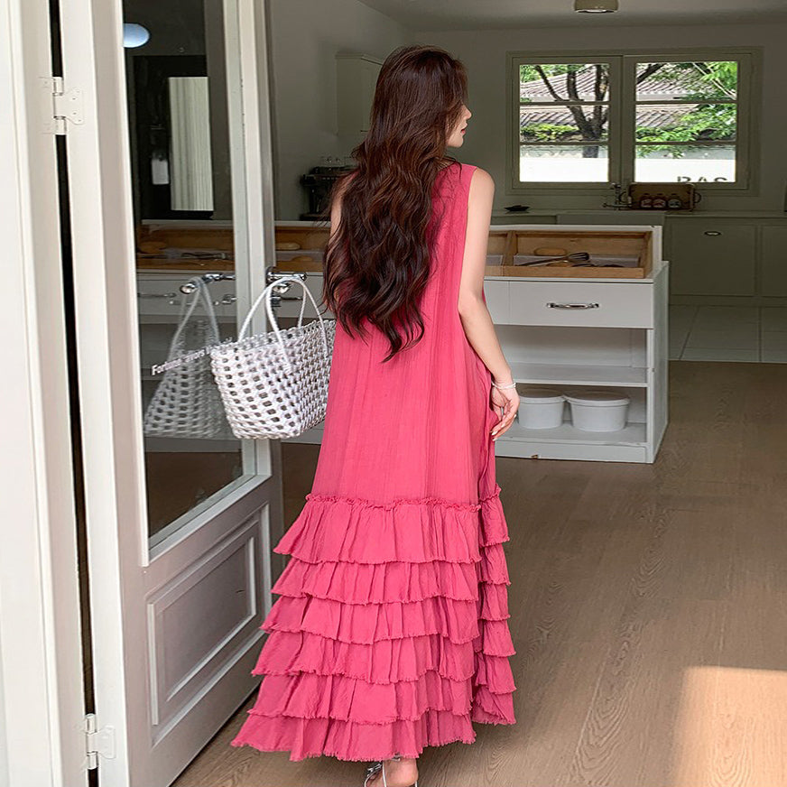 【ワンピース】夏 韓国系 気質 ケーキスカート フィリピンピンク ノースリーブ ワンピース