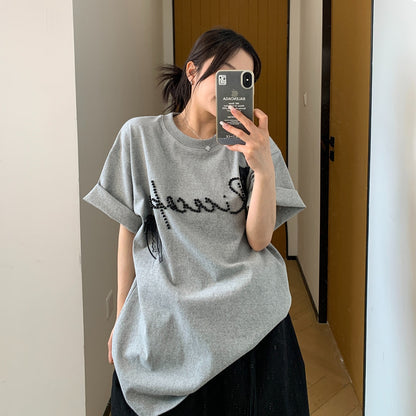 【トップス】夏  リボン ビジュー レース ルーズ 半袖 Ｔシャツ 【FCシリーズ】