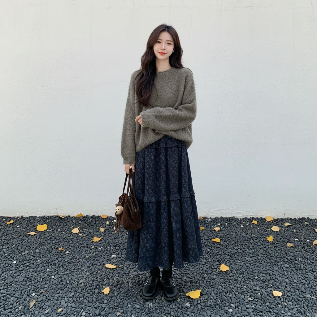 【セットアップ】高級感 ラウンドネック セーター + 花柄 スカート 2点上下セット 【JZシリーズ】