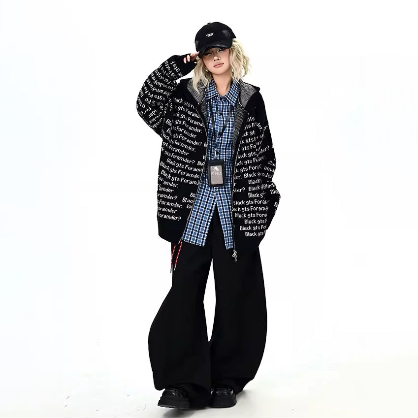 【アウター】総柄レタリング ニットカーディガン レディース ゆったり BF風 アメリカン カップル向け トレンド【FCシリーズ】