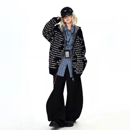 【アウター】総柄レタリング ニットカーディガン レディース ゆったり BF風 アメリカン カップル向け トレンド【FCシリーズ】