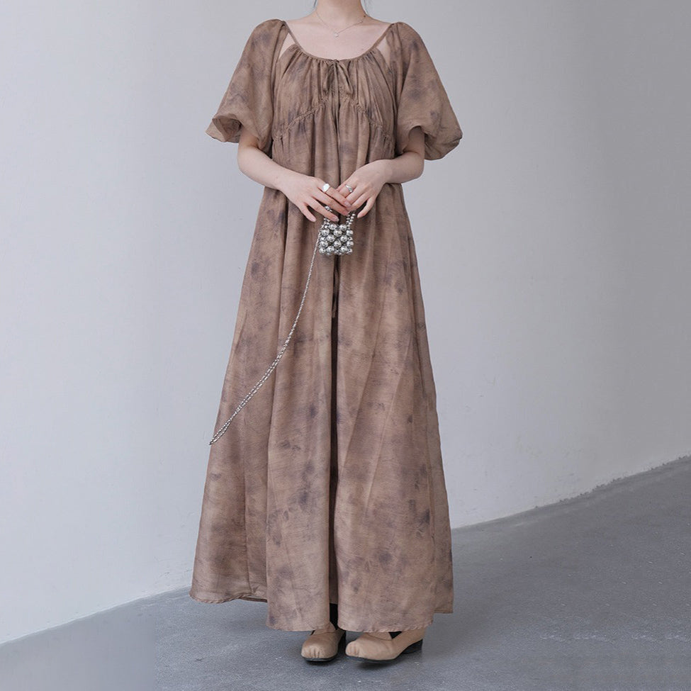 【ワンピース】新中式 禅スタイル 枯色染め アート感漂う 半袖ワンピース【SHシリーズ】