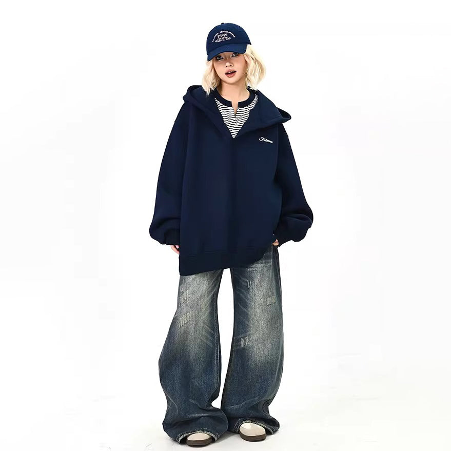 【トップス】フェイクレイヤード パーカー オーバーサイズ カレッジ風 ユニセックス レディース【FCシリーズ】