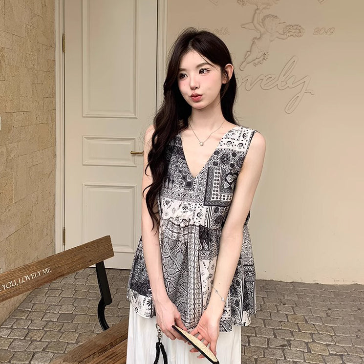 2点セット!【セットアップ】ボヘミアン柄セットアップ レディース 夏 ノースリーブシフォン＋ワイドパンツ 上下セット【SHシリーズ】