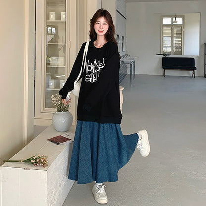 【ワンピース】レイヤード風 デニム切り替え 春秋 長袖ワンピース 爆売れ【JZシリーズ】