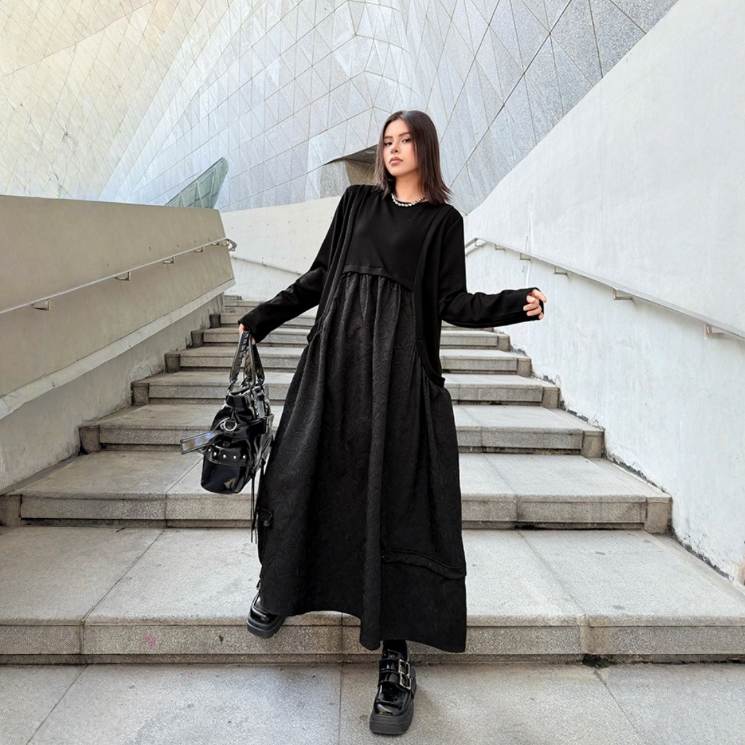 【ワンピース】ドローストリング付き ゆったりとした 春 秋 冬 切り替え 長袖 ワンピース 【AHシリーズ】