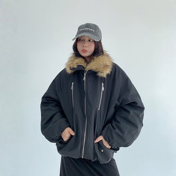 【アウター】春 秋 冬 ニッチ 切り替え ファー襟 厚手 中綿 ジャケット 【FCシリーズ】