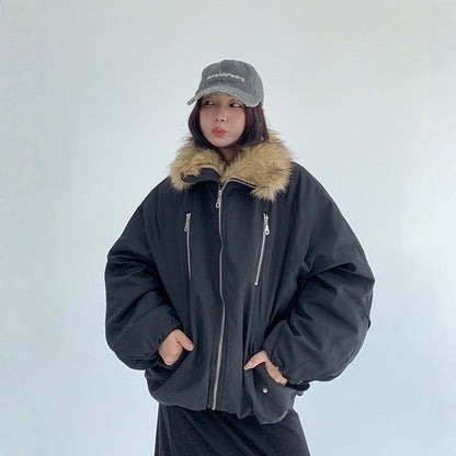 【アウター】春 秋 冬 ニッチ 切り替え ファー襟 厚手 中綿 ジャケット 【FCシリーズ】