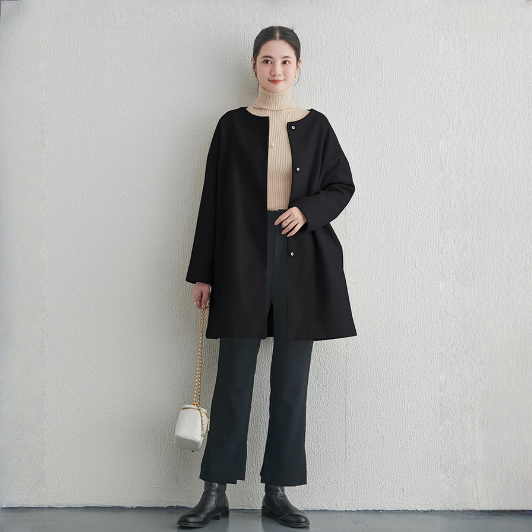 【アウター】春 秋 冬 ラウンドネック ボタン留め メルトン コート