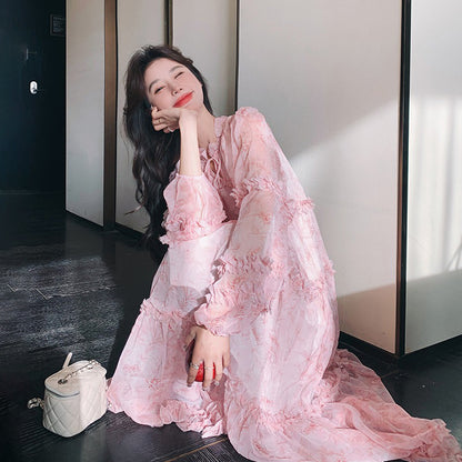 【ワンピース】透かし編み 水墨画風花柄長袖ワンピース レディース 春秋 トレンド 超可愛い【SHシリーズ】