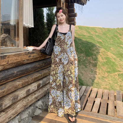 【ボトムス】夏新作 優雅に揺れる 雪青フラワー柄 オーバーサイズサロペット オールインワン【SHシリーズ】