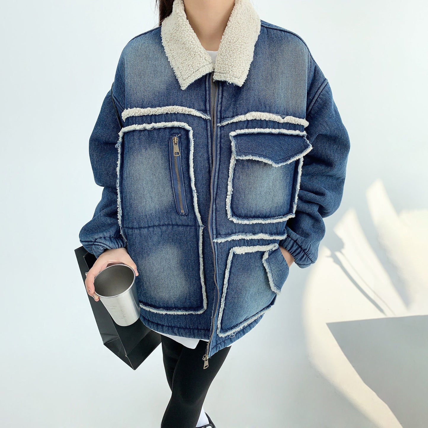 【アウター】アメリカ 秋冬 カップル服 ゆったり レトロ ダメージデニム ラムウール ジャケット【FCシリーズ】