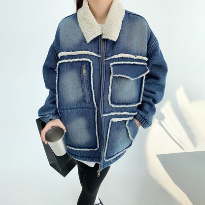 【アウター】アメリカ 秋冬 カップル服 ゆったり レトロ ダメージデニム ラムウール ジャケット【FCシリーズ】