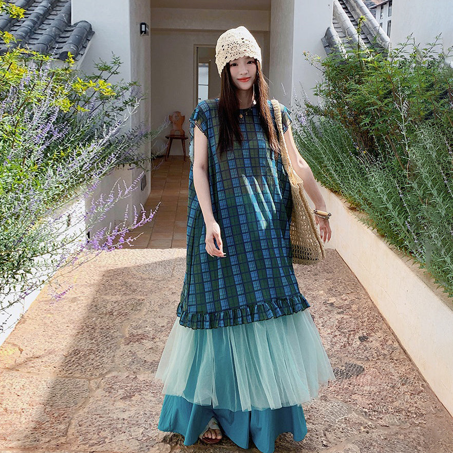 2点セット！【セットアップ】配色チェック柄ベストワンピース＋ワイドパンツセットアップ 2点セット【SHシリーズ】