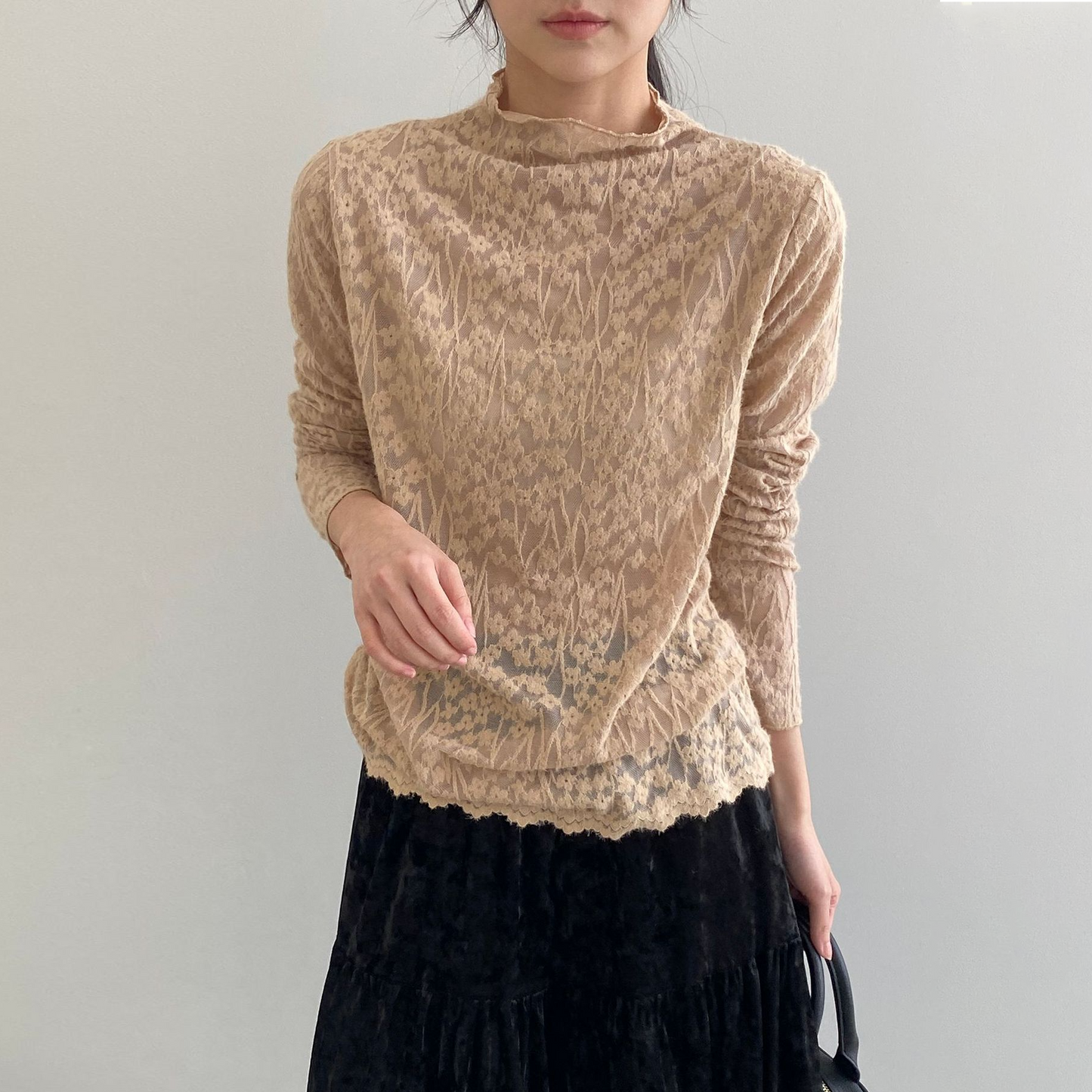 5カラー【トップス】韓国風オフィスカジュアル 大人可愛い レースインナー レディース ハーフハイネック テクスチャー感 Tシャツ【JZシリーズ】