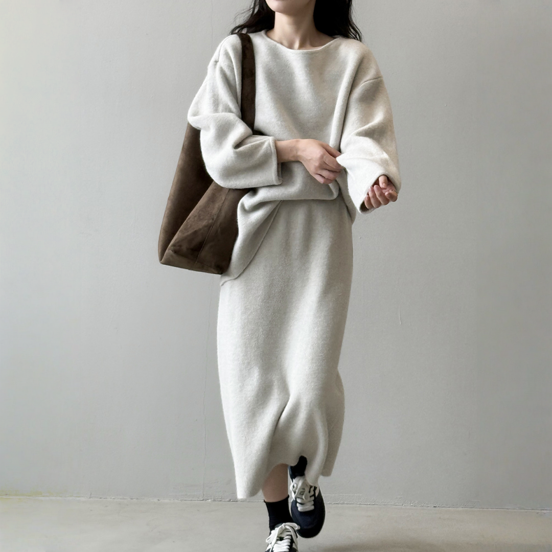 【セットアップ】春 秋 冬 ラウンドネック セーター + 着痩せ効果 スカート 2点上下セット 【SNシリーズ】