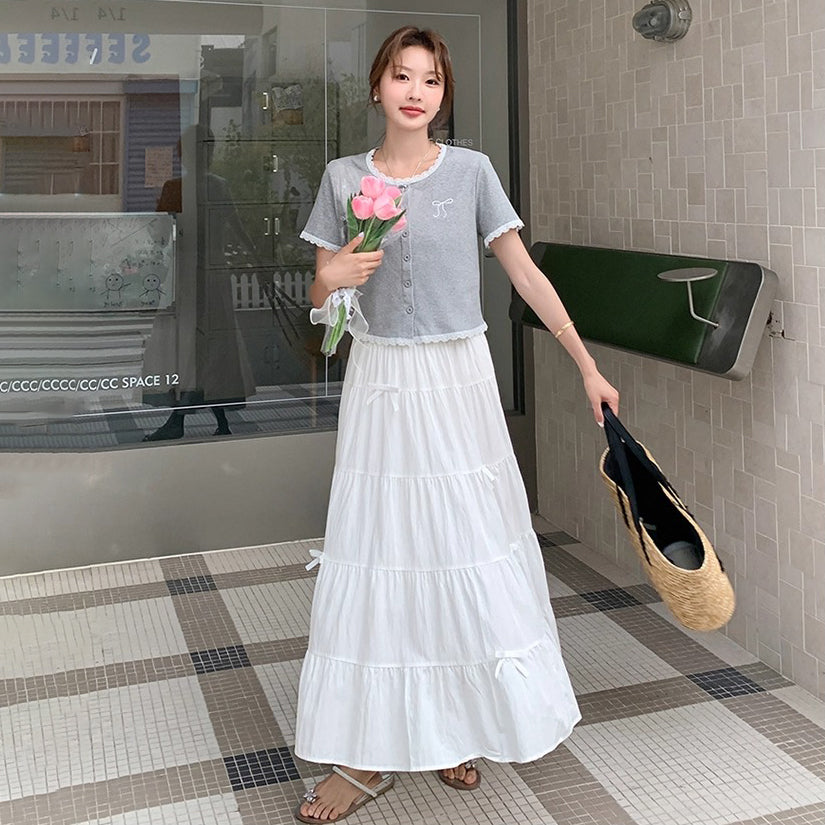 2点セット！【セットアップ】レディース 半袖Tシャツ＋リボン付きスカート セットアップ ファッショナブル＆若見え トレンド【JZシリーズ】