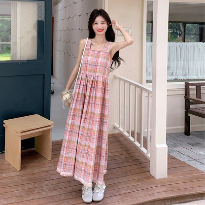 【ワンピース】チェック柄 キャミワンピース レディース 夏 ハイウエスト ノースリーブ ロングワンピース ゆったり 体型カバー 人気 フレンチ風【SHシリーズ】
