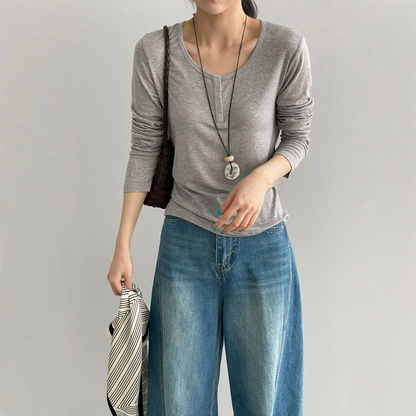 【トップス】テンセル ヘンリーネック ボタン付き 長袖Tシャツ 【JZシリーズ】