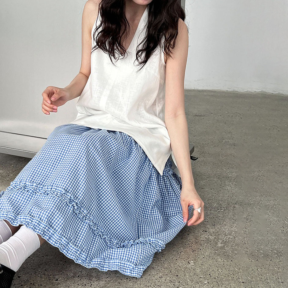 【トップス】デザイン性のある ハイネック 夏の涼感 リラックス Vネック ノースリーブブラウス【JZシリーズ】