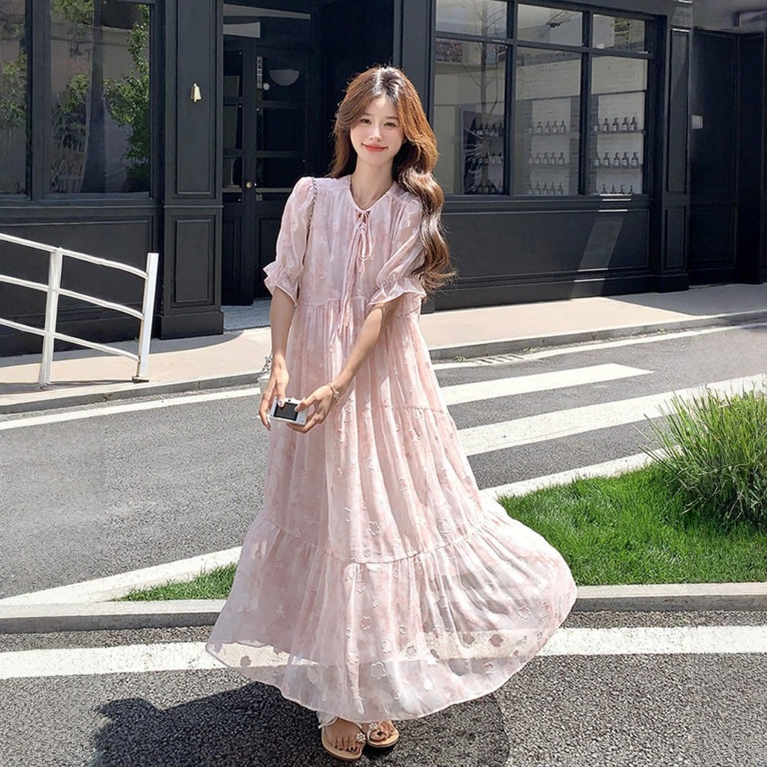 【ワンピース】スウィートな リボンネック 小花柄 ロングワンピース 【SHシリーズ】