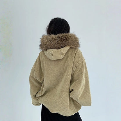 【アウター】春 秋 冬 ウォッシュド コーデュロイ 厚手 フード付き ファーフード 中綿 ジャケット 【FCシリーズ】