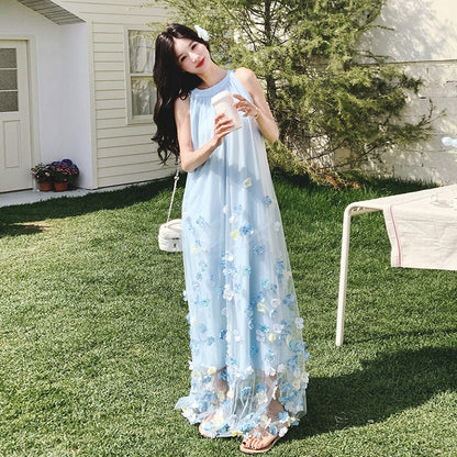 【ワンピース】韓国ファッション ブルー 花柄 ワンピース｜ノースリーブ ティアード ロング丈｜海辺 リゾート ビーチ 撮影用 映えドレス【SHシリーズ】