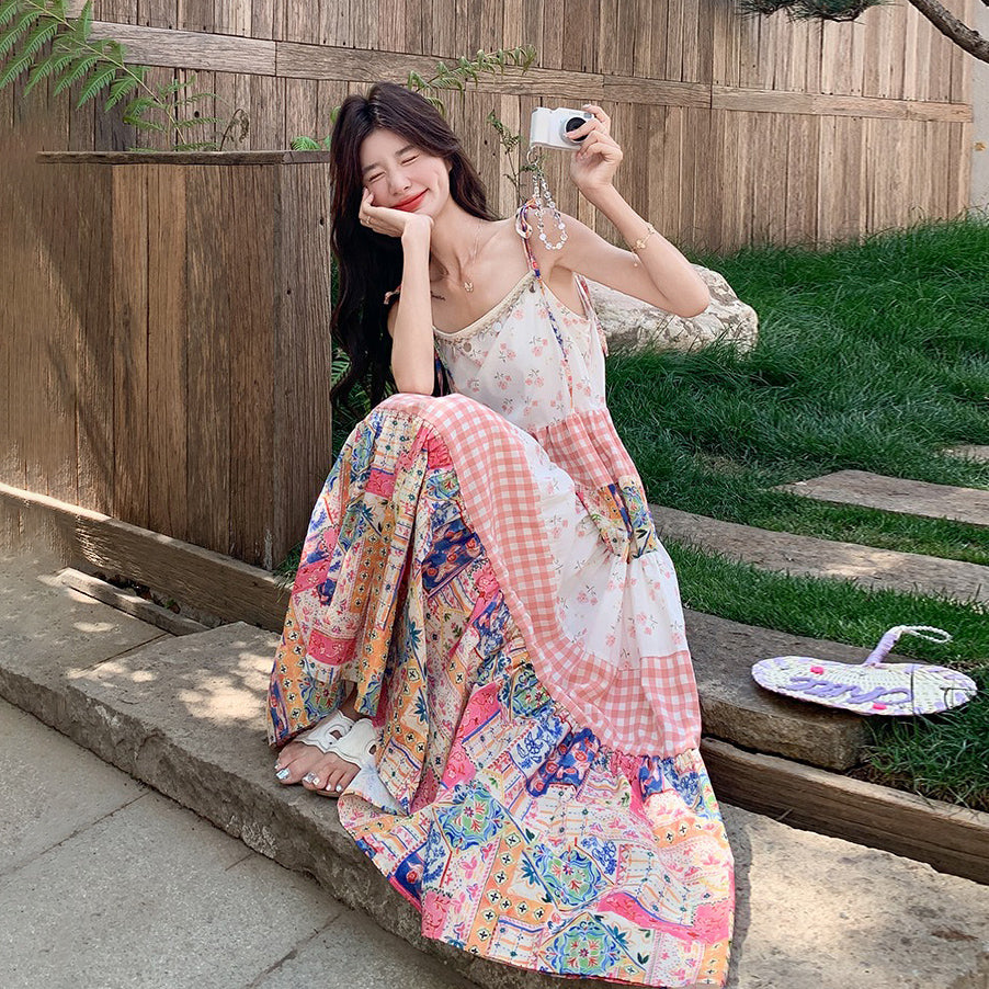 【ワンピース】夏 独特デザイン プリント チェック レースパッチワーク ノースリーブキャミソールワンピース【SHシリーズ】