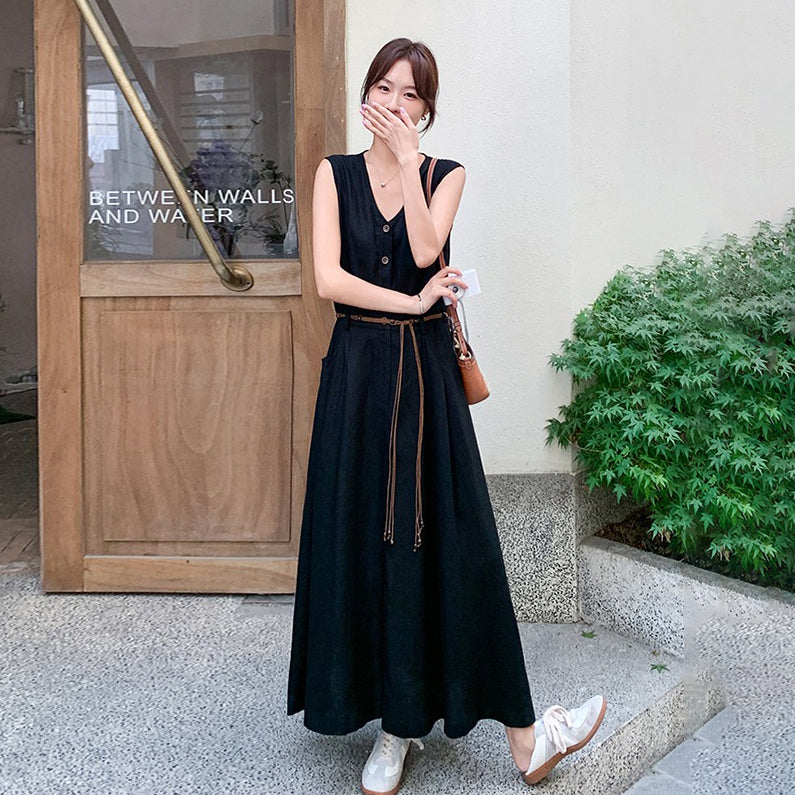 【ワンピース】 上品Vネック ノースリーブワンピース レディース 夏 フレンチ風 大人っぽ 高級感 ウエストマーク細見え ロング丈ドレス【JZシリーズ】