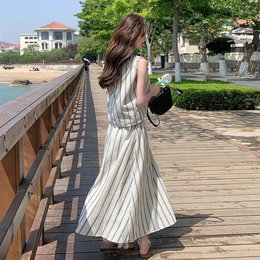 2点セット！【セットアップ】後ろ姿まで抜かりない…♡ ストライプ トップス＋スカート 上下セット 夏コーデ 大人かわいい こなれ感◎【JZシリーズ】