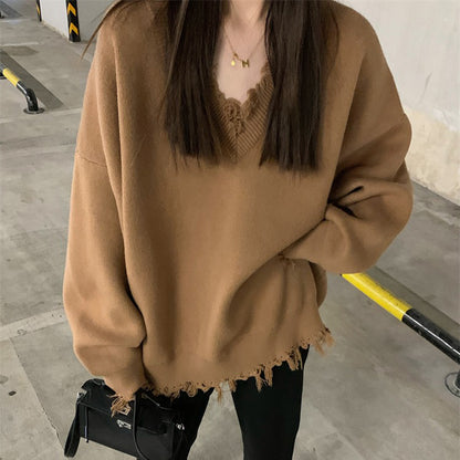 【トップス】ふんわり柔らか♪ 韓国風 ルーズ ニットセーター レディース 秋冬 ゆったりVネック プルオーバー【JZシリーズ】