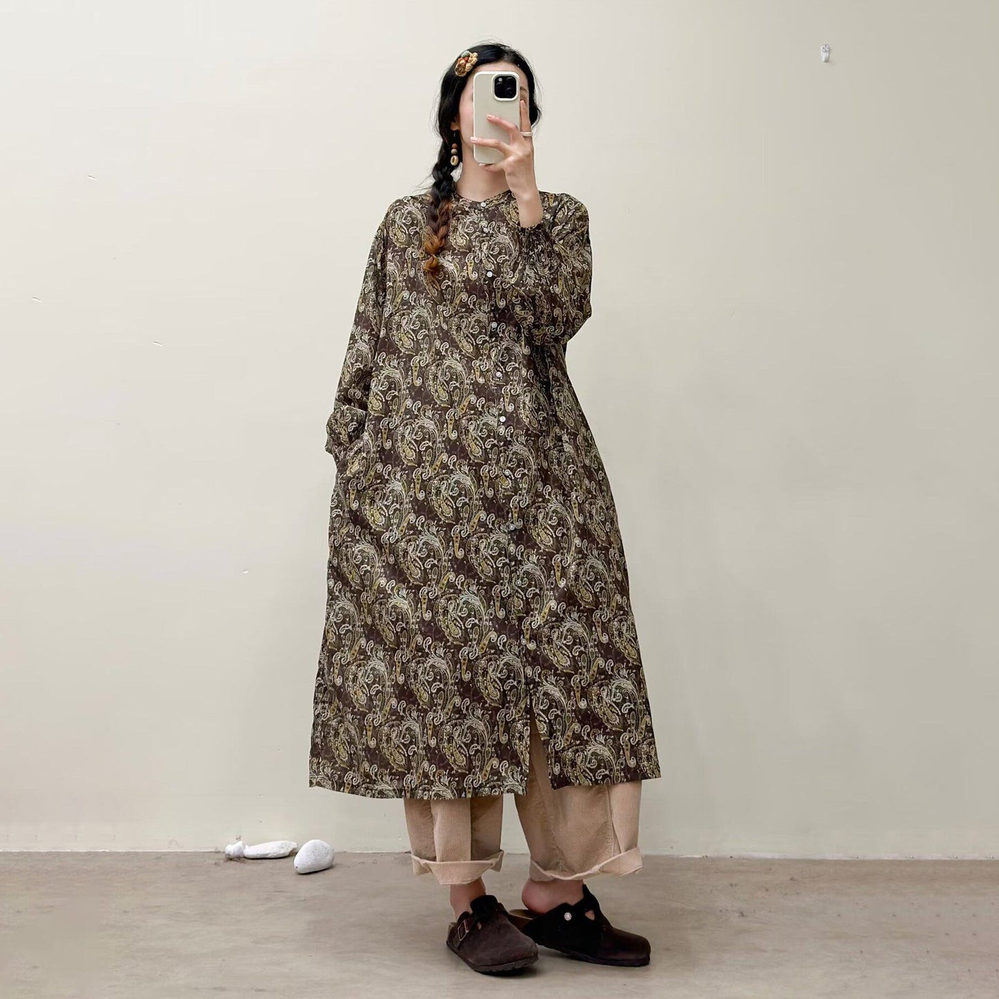 選べる7柄！【ワンピース】🎀カジュアルかわいい丸首プリントワンピース 長袖 シングルボタン 春新作 韓国風ウエストシェイプ レディース【SHシリーズ】