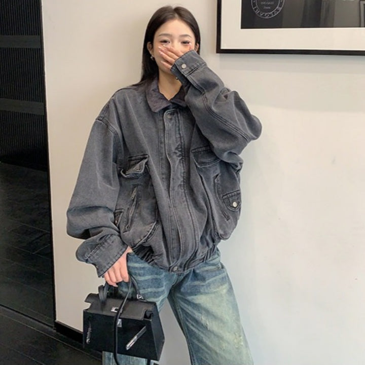 【アウター】襟付き ショート丈 ゆったり 配色切替 アメリカンスタイル ジャケット 【FCシリーズ】