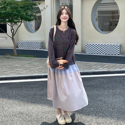 【ワンピース】配色切替フェイクレイヤード長袖ワンピース レディース 秋新作 韓国風シンプルデザイン ゆったりロングワンピース【JZシリーズ】